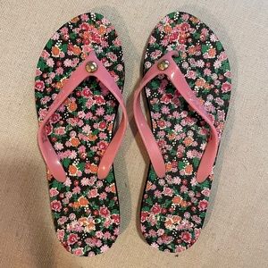 Coach Flip Flops, pink with floral bottom, size 7-8